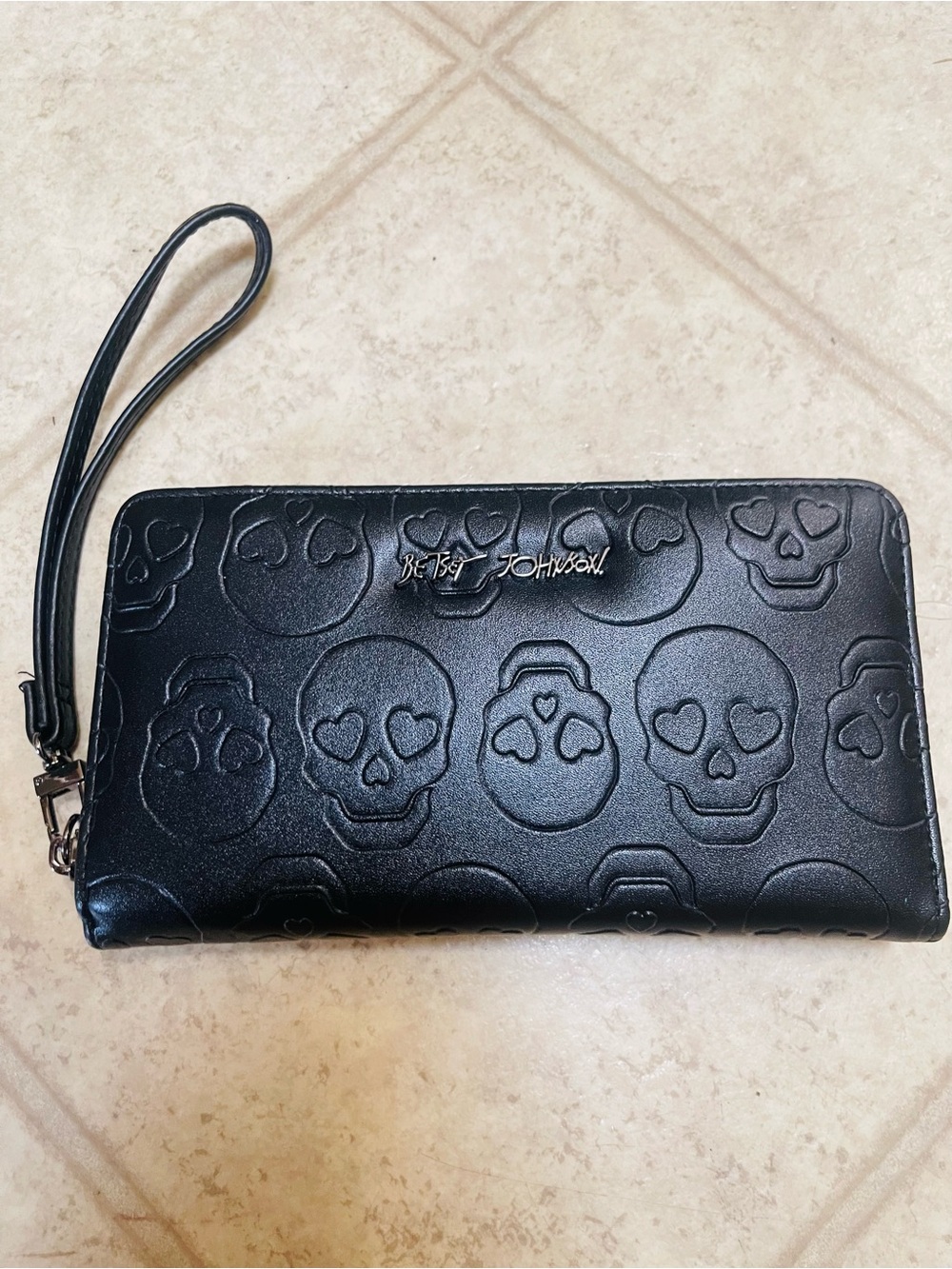 Betsey Johnson Black Embossed Heart Skull Wristlet Wallet
